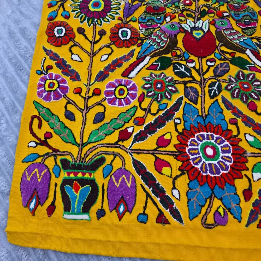 Vintage Mexican Otomi Tenango Hand Embroidered Floral Bird Textile Yellow 43x26